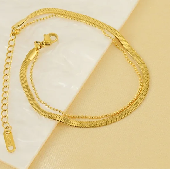 Anklet 18K Gold Titanium Snake Bone Layered Ankle Bracelet - Picture 4 of 4